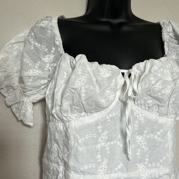 Princess Polly White Rose Eyelet Puff Sleeve Ruched Tie Bust Mini Dress - Picture 8 of 12